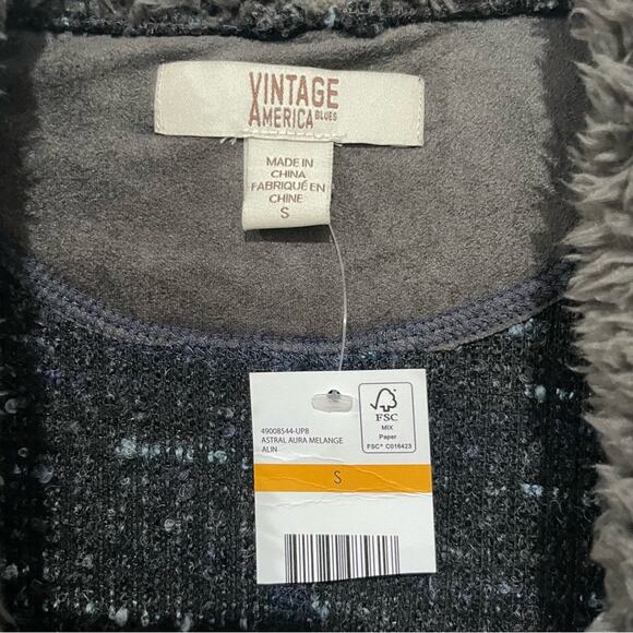 NWT Vintage America Sherpa-Lined Cardigan Sweater | Blue Black Tweed Small - Picture 2 of 5